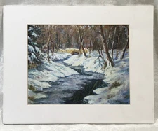 Vtg River Snowscape Scene Bridge in Woods Print Matted