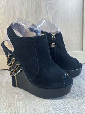 Designer Rough Justice Peep Toe Platform Suede Sandals 8M Chain Detailing Zip