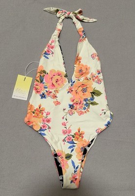 New MAAJI V-neck Cheeky Reversible One-piece Ivory Floral Swimsuit Medium $167