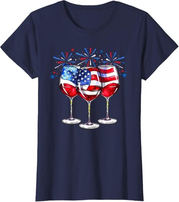 Patriotic Red White and Blue Wine Glasses 4th of July Ladies' Crewneck T-Shirt