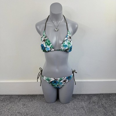Y2K vintage floral matching swimwear set halter neck top adjustable bow white