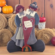 VTG Wooden Pilgrim Couple Thanksgiving Folk Art Yarn Large Standing Fall Decor