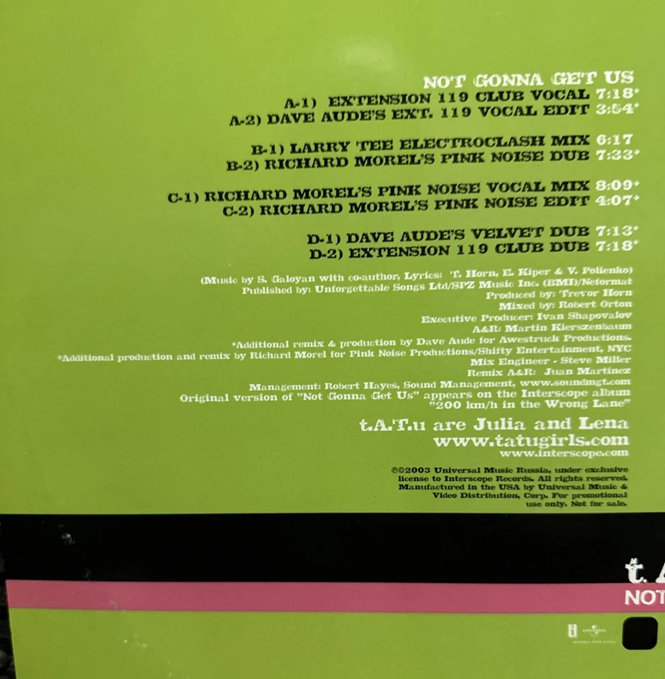 T.A.T.U. “Not Gonna Get Us” (2-12” Vinyl Records) Various Versions “NEW PROMO - Image 3 of 4