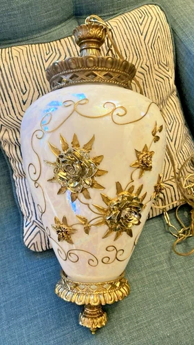 Vtg Mid Century Hollywood Regency Milk Glass Carl Falkenstein Hanging Swag Lamp