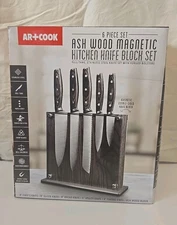 Art and Cook 6 Piece Ash Wood Magnetic Stainless Steel Kitchen Knife Block Set