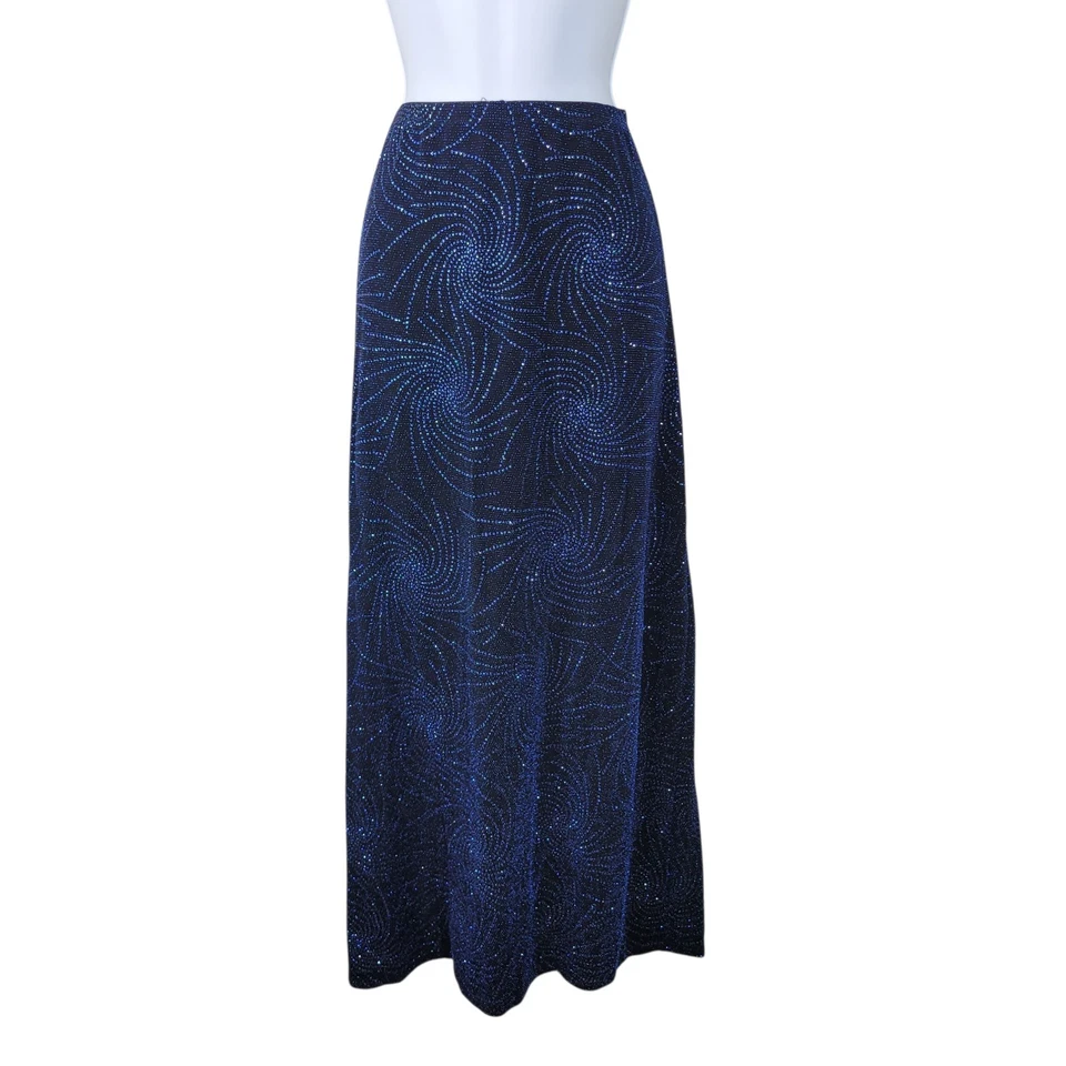 Vintage 90s Evening Skirt Maxi Plus 1X Pull On Stretch Waist Blue Glitter Long - Image 2 of 4