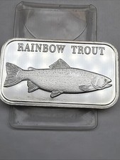 Vintage SilverTowne 1 Troy Ounce .999 Fine Silver Art Bar Rainbow Trout Proof