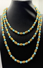 Vintage Long 58" Single Strand Necklace - Blue Plastic  Ribbed Gold Metal Beads