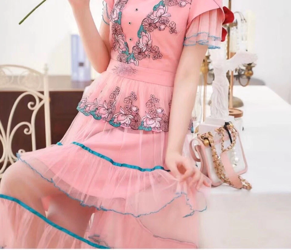 Floral Embroidered Lace Trim with Peach Tulle/Sewing/Bridal/Crafts/7.5" Wide - Image 4 of 4