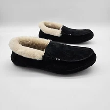 OluKai Ku'una Moccasin Slippers Women's Size 8 Black Suede Shearling Lined $130