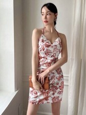 Lovely Floral Print Satin Draped Halter Neck Backless Ladies Mini Dress Size S 8