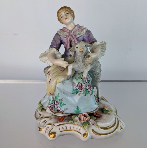 Antique Sitzendorf Porcelain German China seated Female Girl Figure + Sheep Lamb - Picture 2 of 13