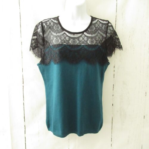 Ann Taylor Pullover M Medium Grün Schwarz Spitze Kurzarm Pulli
