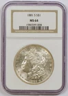 1881-S Morgan Silver Dollar Coin from the San Francisco Mint, Graded MS64 by NGC