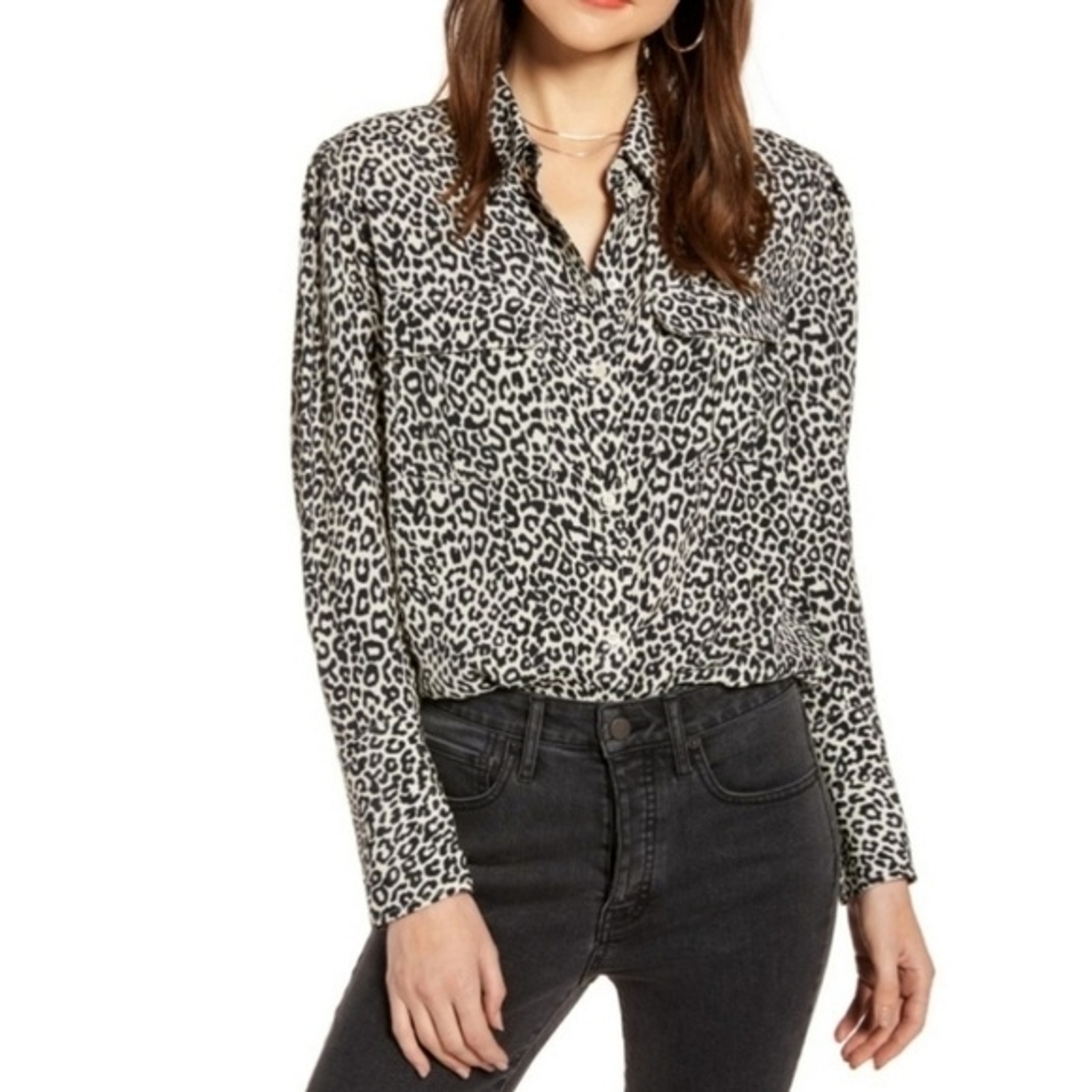Something Navy Leopard Button Down Blouse - image 1