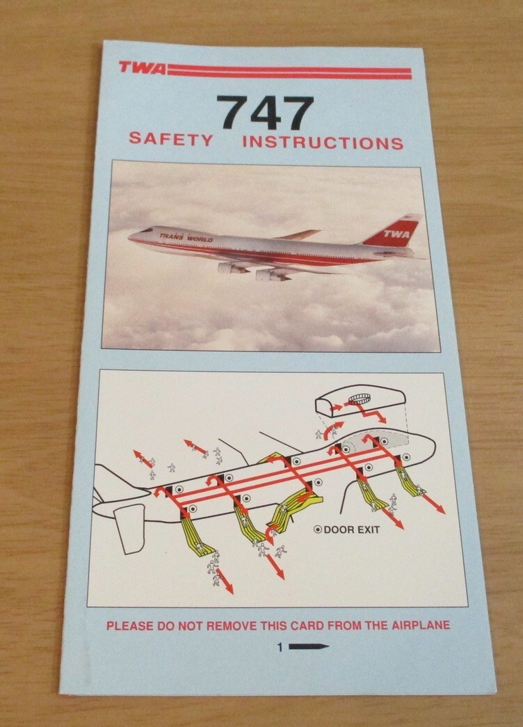 1996 Airplane SAFETY INSTRUCTIONS Card~Boeing 747 TWA