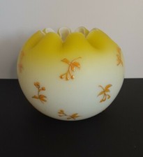 Antique Victorian Custard Uranium Glass Rose Bowl Crimped Vase w/Applied Flowers
