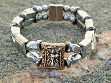 Therapy Magnetic Hematite Bracelet Anklet Silver Mens Womens 2 Row Cross Slider
