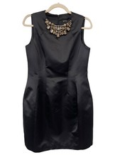 Zara Basic Jeweled Neck Sheath Dress Size Medium Black Satin Party Cocktail Glam