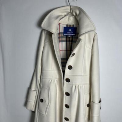 BURBERRY BLUE LABEL ウールコート 38 Burberry Blue Label Stand Collar Coat Checked Belt White