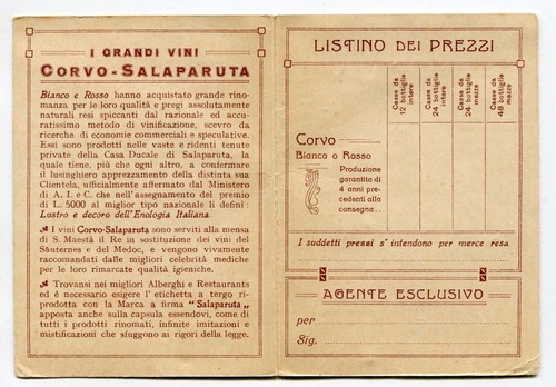 Italy 1930s? CORVO SALAPARUTA listino dei prezzi,prices list red & white vine R! - Picture 2 of 2