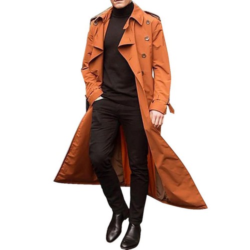 Men's Casual Long Trench Coat Classic Lapel Long Sleeve Jacket Overcoat Pea Coat - Picture 14 of 15