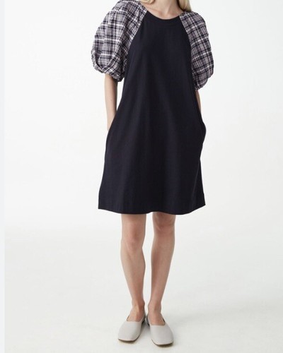 COS Navy Blue Check Puff Sleeve Cotton Mini Dress RRP £59 Sold Out Size Medium - Picture 3 of 4