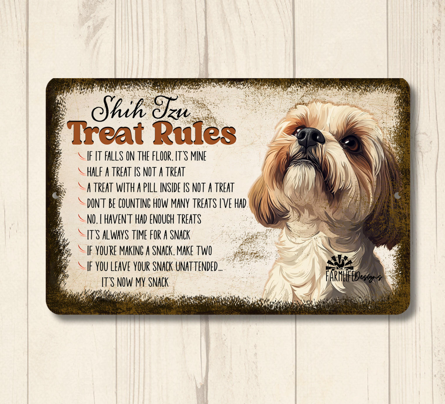 Shih Tzu Treat Rules Sign shitsu dog snack metal tin funny wall art handmade