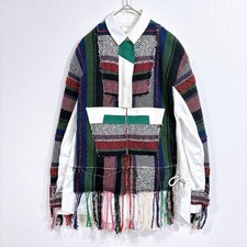 USED SACAI DOCKING TWEED SHIRT JACKET BLOUSE MIXED MATERIALS GOOD