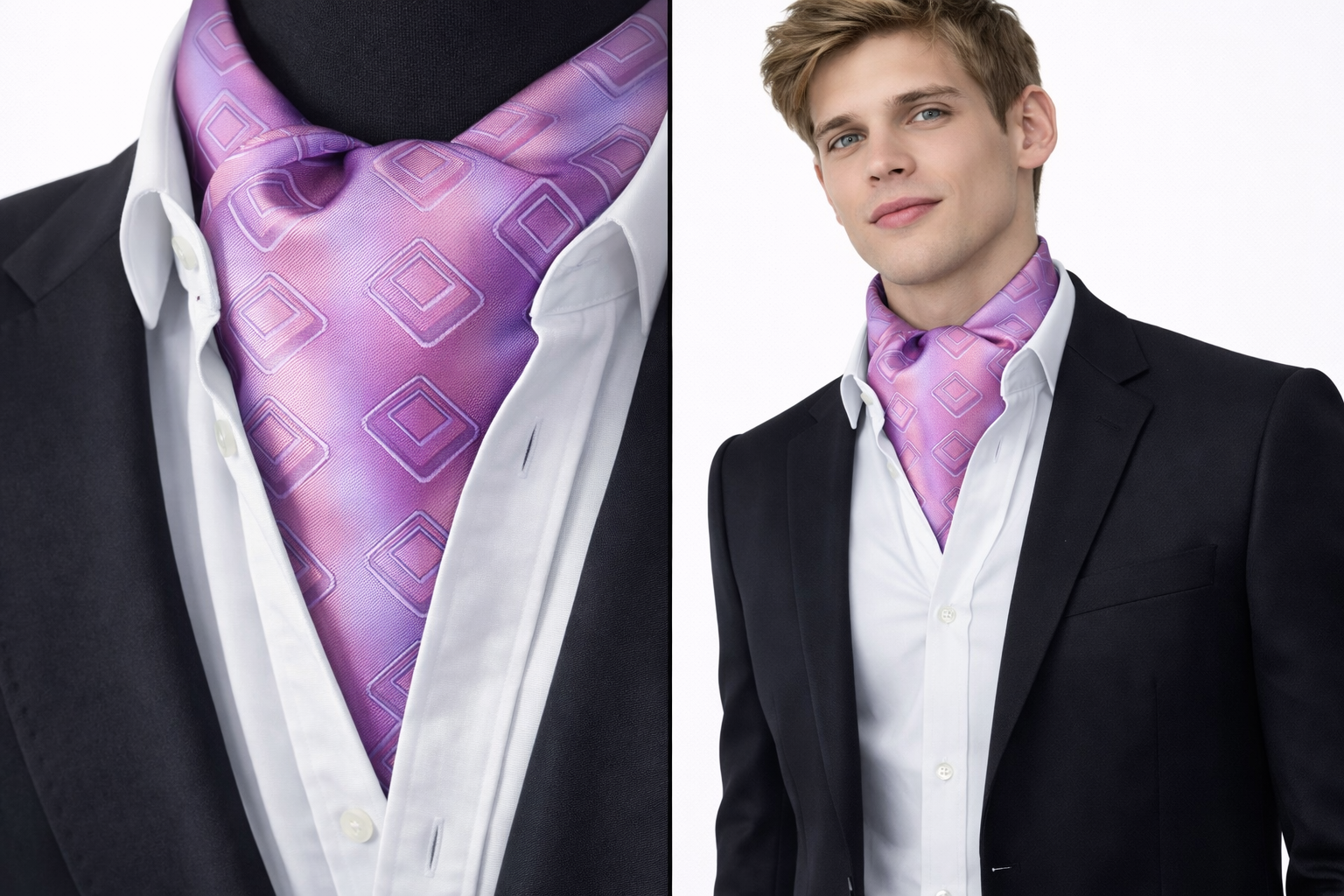 Men's Cravat Ascot Tie Purple Designer Silk Satin Pink Scarf Fancy Formal UK