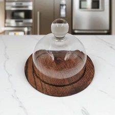 Cheese Keeper with Oak Base Cutting Board Lid Server Tray Beautiful Glass Dome