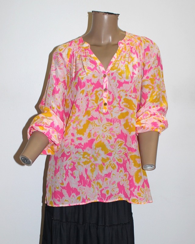 Lilly Pulitzer Vintage Silk Blouse "Ooh La La" Pink & Yellow Floral Size M