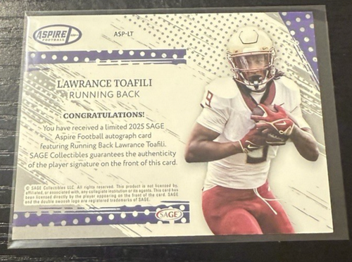 2025 Sage Aspire Football Blue Foil Auto Lawrance Toafili #ASP-LT N.Y. Jets - Picture 2 of 2