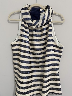 STS Sail To Sable Cowl Neck Navy & Cream Striped Sequin Top Size XL