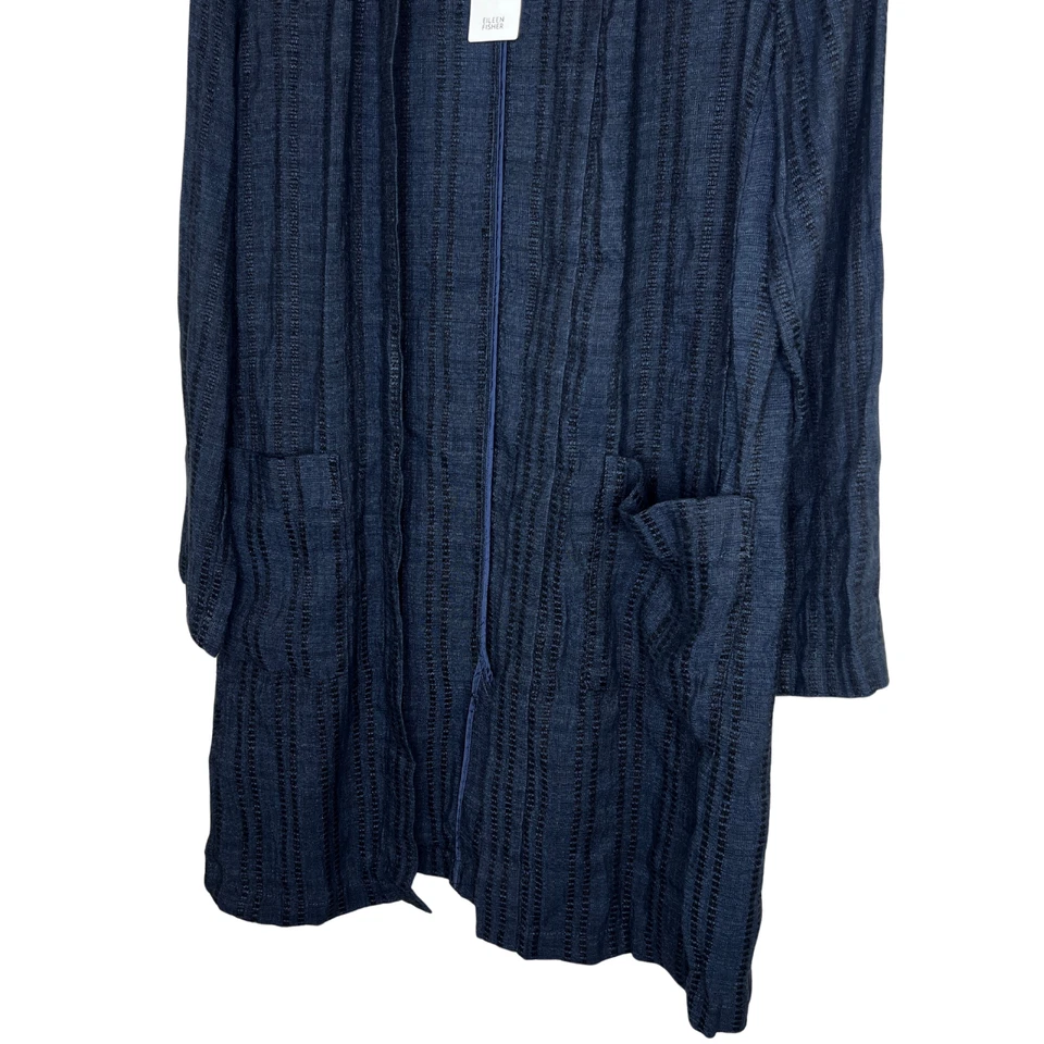 Eileen Fisher Long Jacket Sz XXS Blue Textured Organic Linen Stripe Quite Luxury - Image 3 of 4