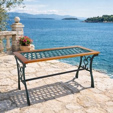 Gartentisch Gusseisen Outdoortisch Metalltisch Holz Glasplatte Natur 98x46xH56cm