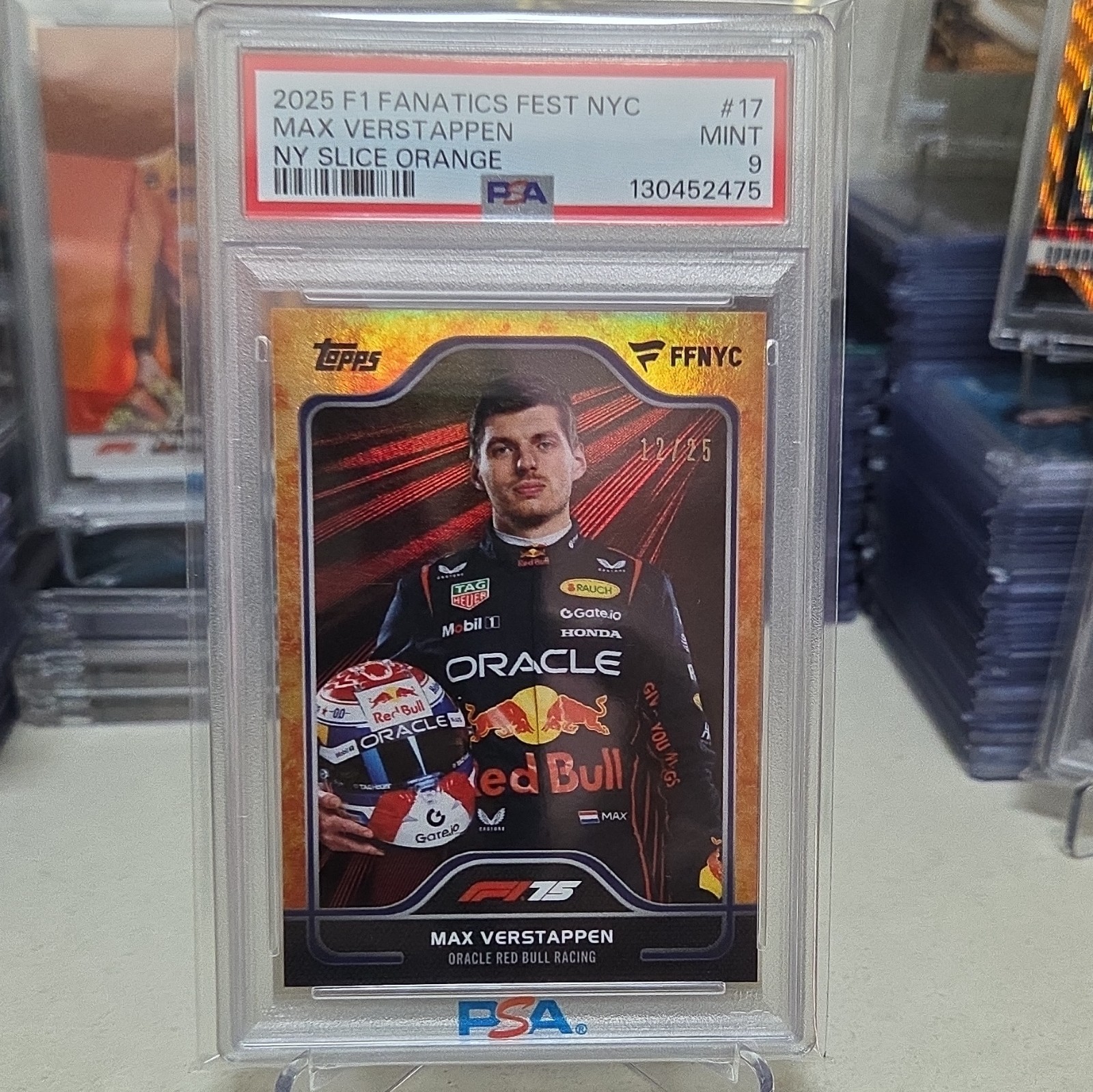 Topps 2025 F1 FFNYC Max Verstappen #17 NY Slice Orange 12/25 PSA 9 view 8