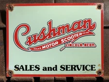 VINTAGE CUSHMAN MOTOR SCOOTER 12” PORCELAIN SIGN GAS STATION MOTOR OIL