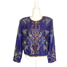 Vintage Purple Sequin Beaded Bolero Jacket Blazer Evening Sz L 1980s 100 Silk