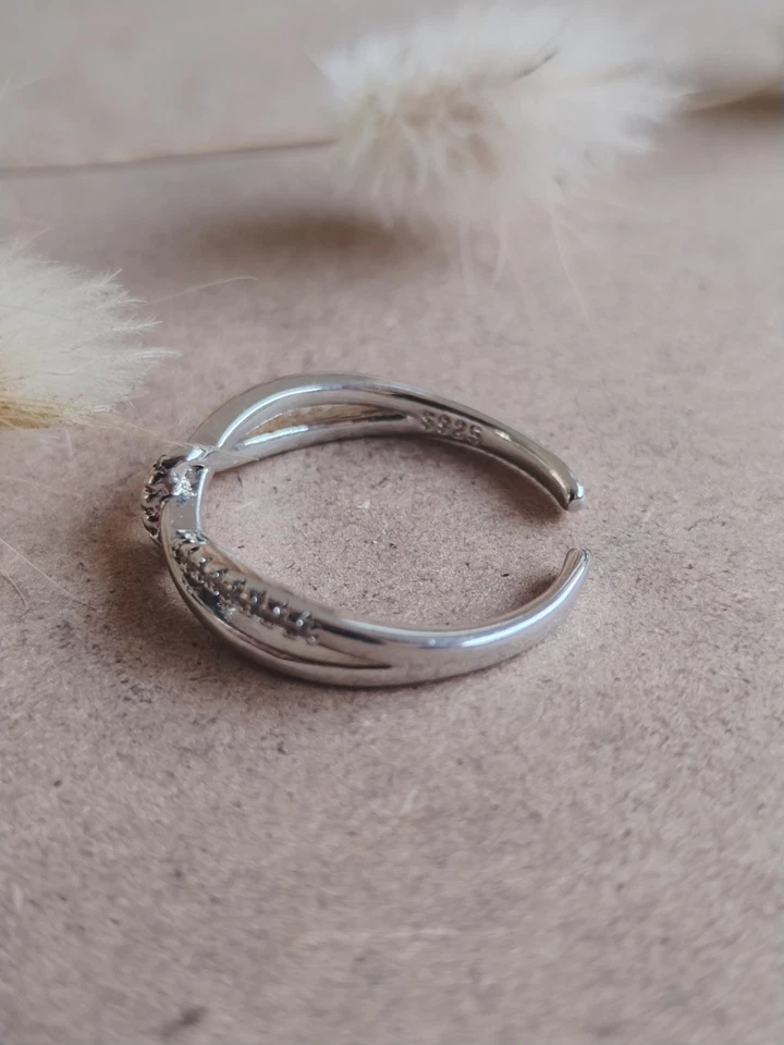 Bague Argent Sterling 925 Ajustable Zircons Blancs Motif Nœud Entrelacé - Photo 2/4
