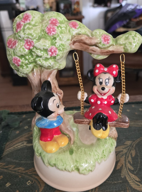Vintage Disney Mickey & Minnie Mouse On A Swing Porcelain Music Box Working