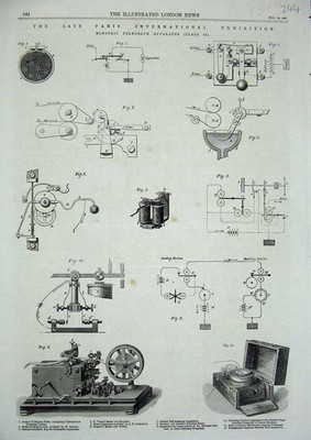 Alter antiker Druck 1867 elektrischer Telegraphenapparat Tintenschreiber Magnet 19.