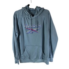 Reebok Womens Hoodie French Terry Pullover Pockets Logo Graphic Print Blue L