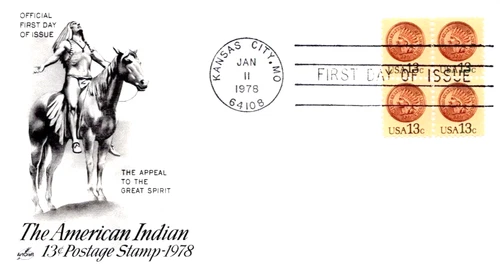 INDIAN HEAD PENNY 1978 APPEAL TO THE GREAT SPIRIT ARTCRAFT CACHET FDC BLOCK UNAD