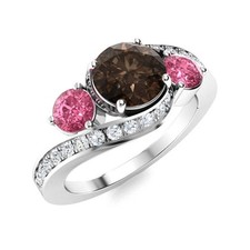 925 Sterling Silver Three Stone 5MM Round Smoky Quartz  Pink Topaz Women Ring