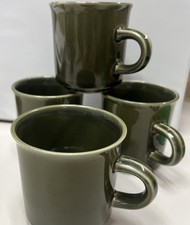 SET of 4 Stoneware JAPAN Avocado GREEN GLAZED COFFEE MUGs EUC stackable b4