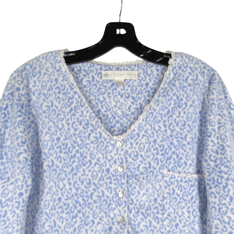 CAMISÓN XL Salón EILEEN WEST Azul Estampado de Leopardo Vellón Borde de Encaje 4 Botones Foto 2 de 4