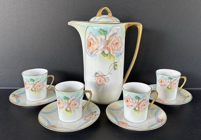 Antique Chocolate Pot Cups Set Hand Painted Porcelain Beyer & Bock Rudolstadt