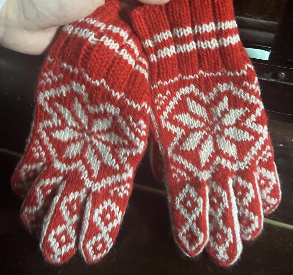 Norwegian Selbu Handknitted SnowflakeOrange100% Wool Mittens Gloves NEW OS - Image 2 of 4