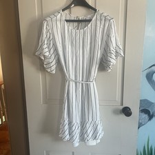 Nautical Dress Lightweight S Cinched Waist Belted White Blue Striped